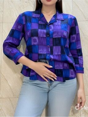 Vintage Notations Purple Blue Geometric Button Down Blouse